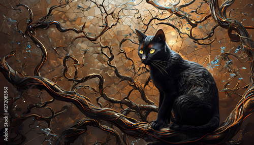 gatto nero appollaiato su di un ramo di un albero in una magica foresta, Black cat perched on a tree branch in a magical forest