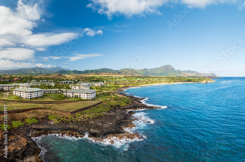 Aerial view of Keoniloa Bay and Shipwreck beach in Koloa on south coast of Kauai photo