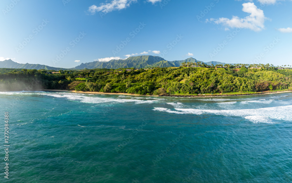 Aerial view of Anini and Kalihiwai beaches on North coast of Kauai Aerial view of Anini and Kalihiwai beaches on North coast of Kauai