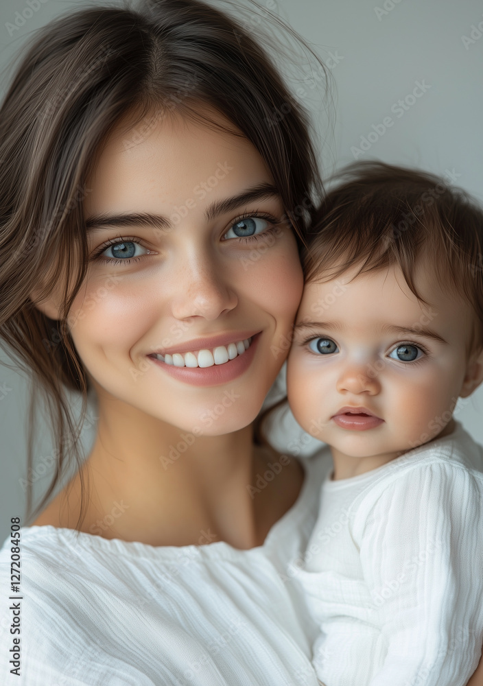 Beautiful mother embracing newborn, sharing tender moment with matching azure gazes, embodying maternal bonding and emotional intimacy Beautiful mother embracing newborn, sharing tender moment with matching azure gazes, embodying maternal bonding and emotional intimacy