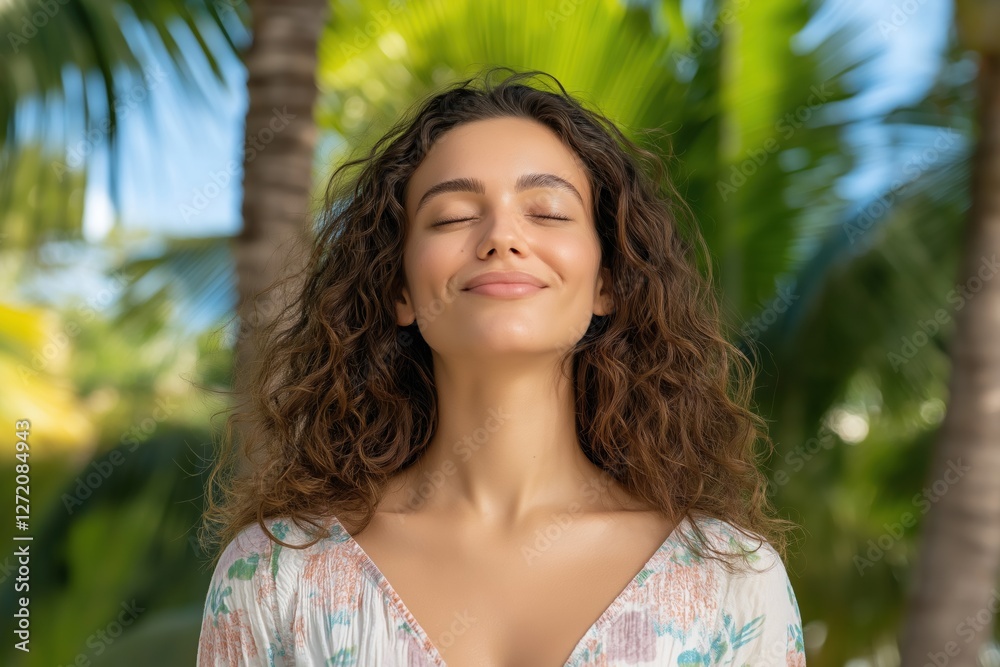 Fototapeta premium A woman with long brown hair is smiling and looking up at the sky. She is wearing a floral dress and she is enjoying the outdoors
