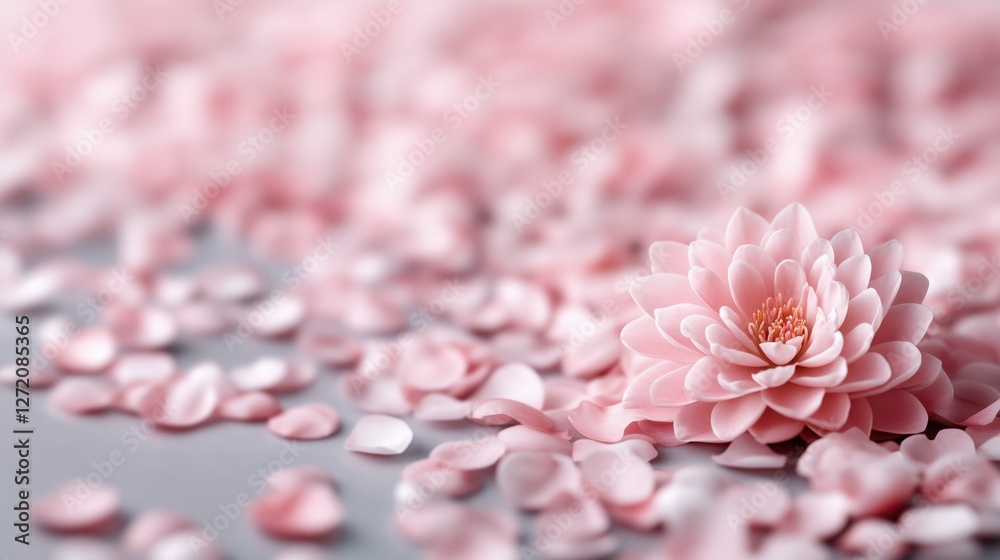 Obraz premium Delicate pink flower surrounded by petal confetti on a soft background in a serene setting