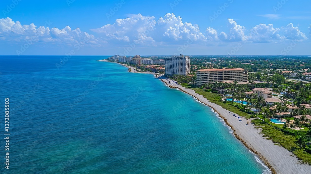 Fototapeta premium Scenic aerial view of oceanfront city with skyscrapers and clear blue water
