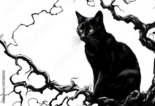 gatto nero appollaiato su di un ramo di un albero in una magica foresta, Black cat perched on a tree branch in a magical forest