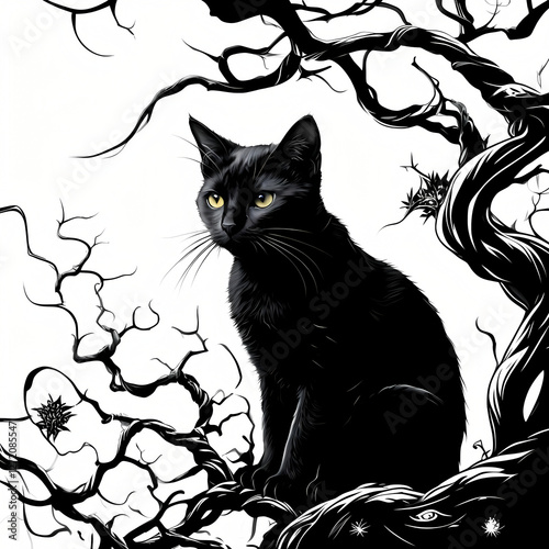 gatto nero appollaiato su di un ramo di un albero in una magica foresta, Black cat perched on a tree branch in a magical forest