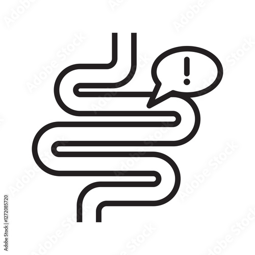 Intestine with exclamation mark icot. Irritable bowel syndrome, constipation, intestinal obstruction symbol
