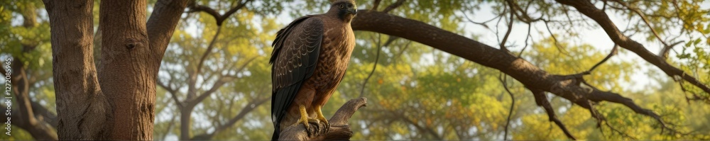 Crested Serpent Eagle in a tree, balancing its body against the trunk, foliage, peaceful, harmony Crested Serpent Eagle in a tree, balancing its body against the trunk, foliage, peaceful, harmony