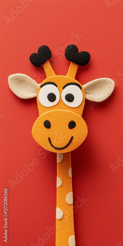 Felt giraffe smiling brightly, perched on vivid red surface, representing playful handmade children's craft with whimsical character