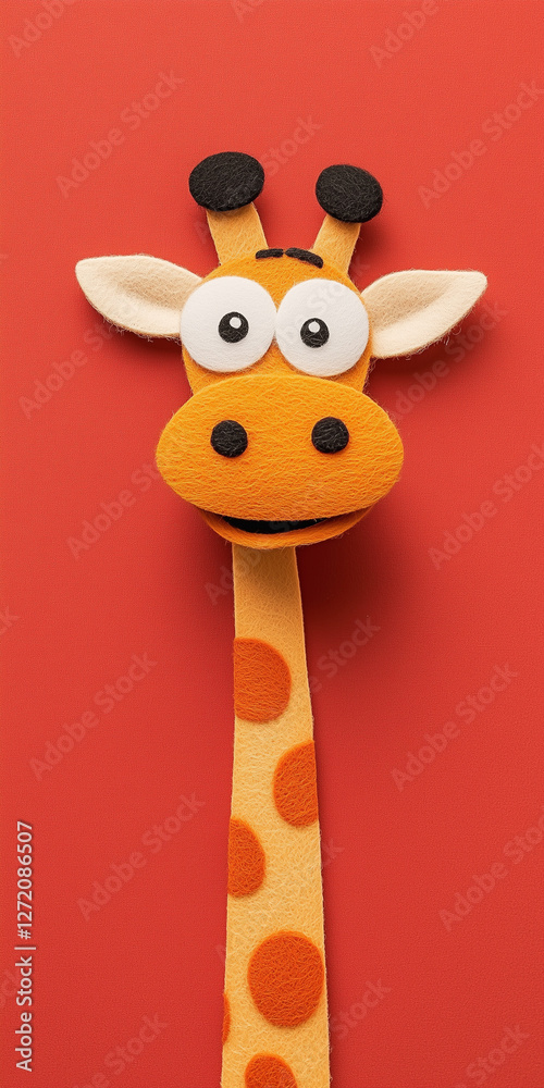 Whimsical felt giraffe with elongated neck, smiling brightly against vivid red backdrop, showcasing playful handmade craftsmanship