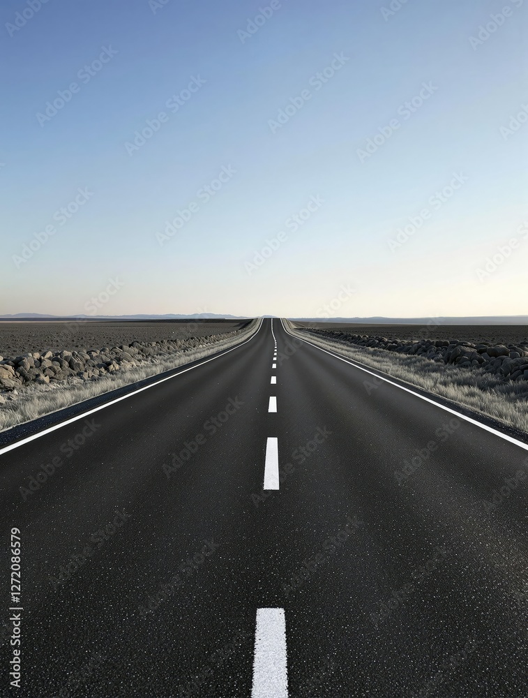 Fototapeta premium Dark asphalt road stretching into the distance with a series of white dividing lines running along its center, country road, white lines, isolated road, rural landscape