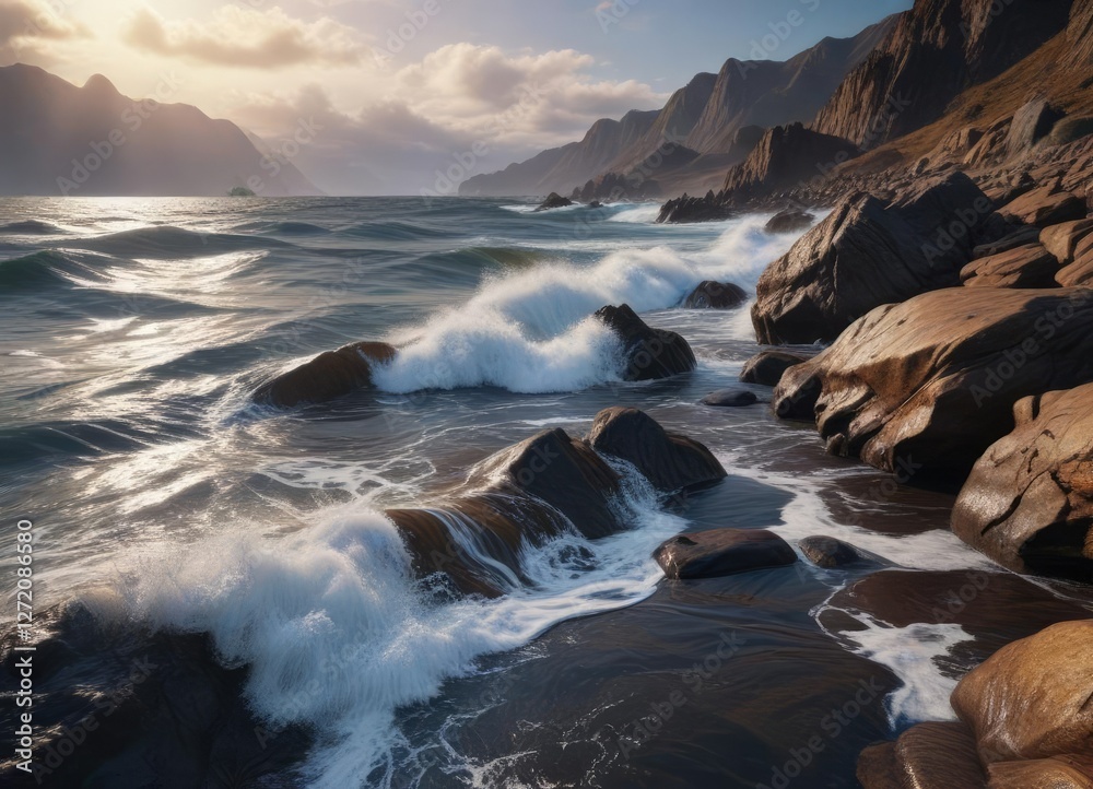 Obraz premium Dark blue and brown waves washing over a rocky shoreline, scenery, coastline