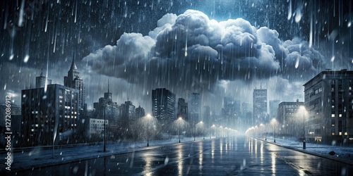 Dark grey clouds with rain and snow falling together on a city street at night, snowyroad, cloudynight, nighttime, wetstreet photo