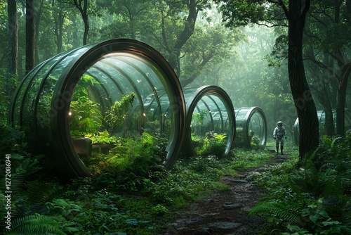 Futuristic Cylindrical Habitats in Lush Forest photo