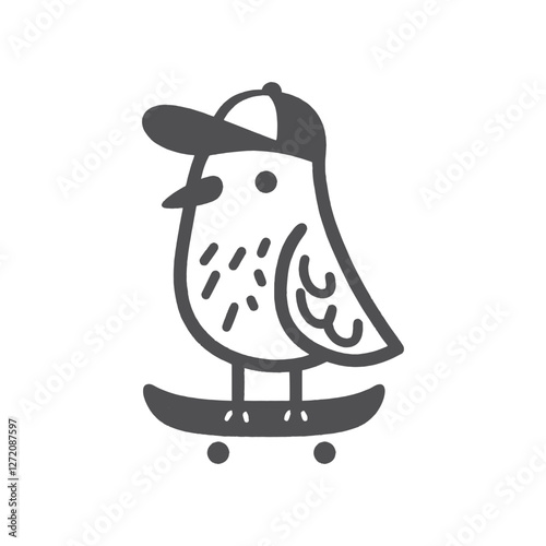 Funny cartoon bird wearing a cap and riding a skateboard