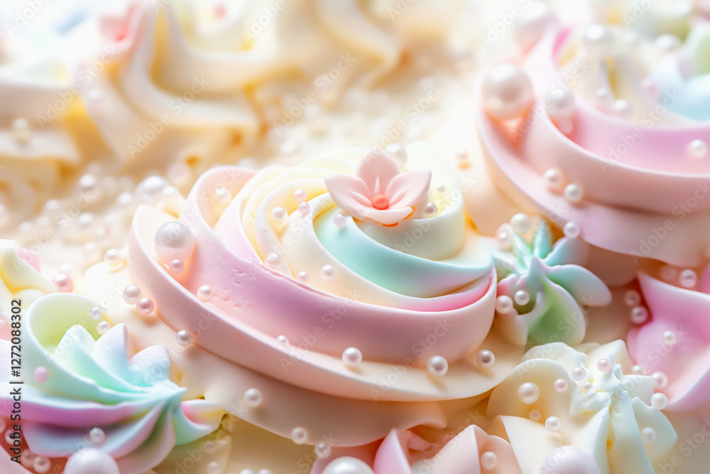 Soft pastel cream roses adorned with delicate pearls and floral accents, creating ethereal and luxurious design. Wedding decor, desserts and romantic themes. Concept of elegance in confectionery art