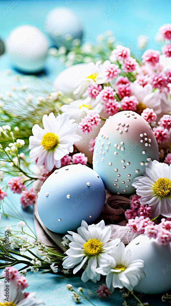 Fototapeta premium Vertically. Pastel Easter eggs adorned with delicate pearl decorations surrounded white daisies and pink blossoms on blue background. Elegant spring composition for festive designs and seasonal decor
