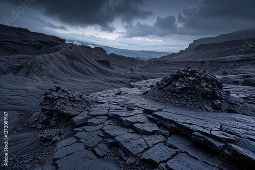 Midnight Landscape Featuring Distinct Lava Rock Texture and Striking Black Stone Surface