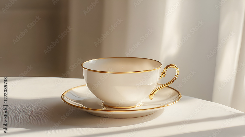 Elegant teacup with gold trim sits on a matching saucer, bathed in soft, natural light on a white table. Elegant teacup with gold trim sits on a matching saucer, bathed in soft, natural light on a white table.
