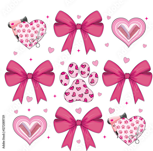 Coquette bow dog groomer EPS Vector, Valentine Dog Grooming Hair Dryer Heart EPS Vector, Dog Grooming EPS Vector, Pet EPS Vector, Paw Print EPS Vector, Love EPS Vector, Dog stylist EPS Vector, Dog Sal