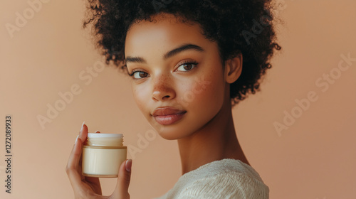 Young woman with luminous skin, grasping skincare jar, showcasing radiant beauty and natural cosmetic product