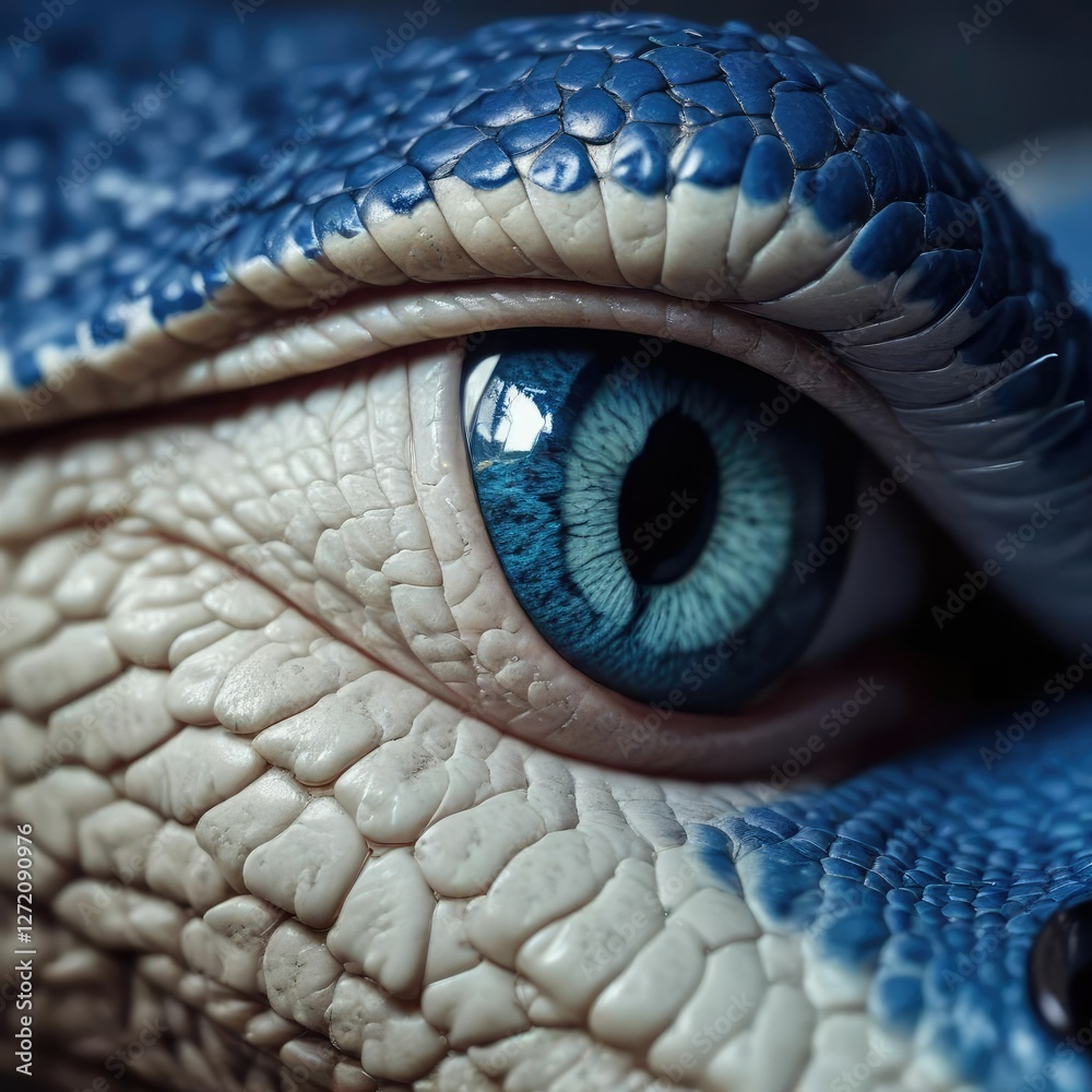Fototapeta premium Extreme close up shot of blue viper snake's eyes and fangs, closeup, fangs, reptile