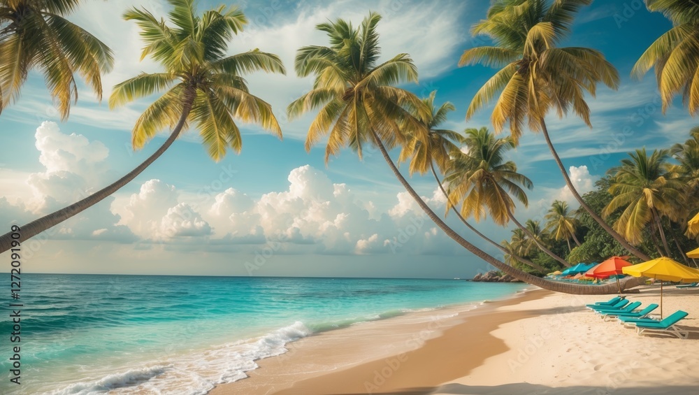 Obraz premium Tropical beach with palm trees and colorful umbrellas on sand during a sunny day