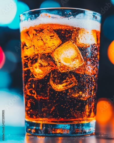 Iced drink in glass, vibrant nightlife background photo