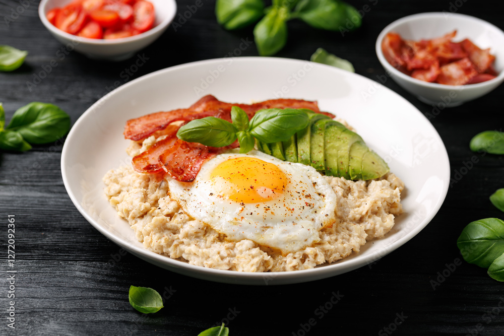 Savory Oatmeal breakfast with sunny side up fried egg, bacon and avocado. Healthy food Savory Oatmeal breakfast with sunny side up fried egg, bacon and avocado. Healthy food
