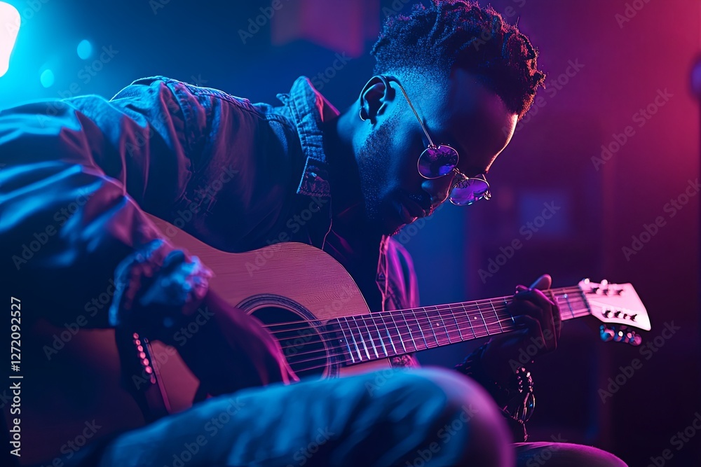 Obraz premium African male young adult guitarist playing acoustic guitar in neon lighting