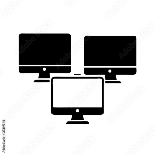 Vector art of three computer monitors isolated on white background, symbolizing desktop technology and digital communication in a modern office