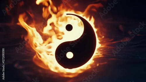 This mesmerizing display showcases the yin-yang symbol emerging from a swirl of flame and water, symbolizing balance and harmony between opposing forces in dynamic motion.