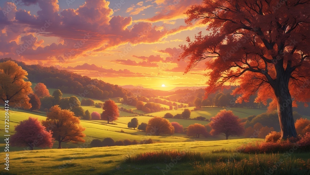 Fototapeta premium Vibrant sunset colors illuminating a tranquil autumn landscape with rolling hills and colorful trees
