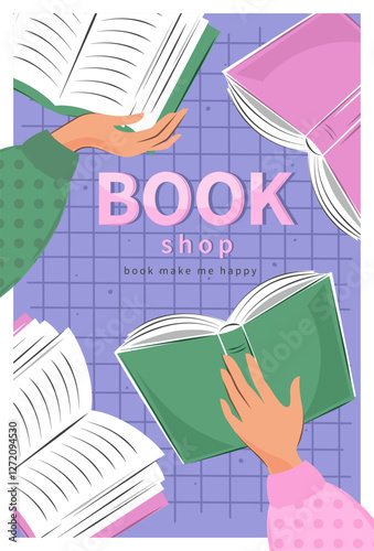 Layout design for bookstore, bookshop or library. People read books. Vector illustration for poster, cover, marketing, sale.