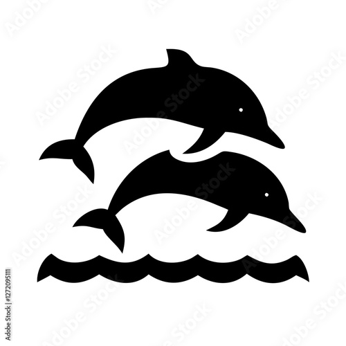 Vector art of two dolphins jumping out of the water isolated on white background in a simple black and white silhouette vector illustration