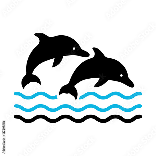 Vector art of two dolphins jumping out of the water isolated on white background in a simple black and blue silhouette vector illustration