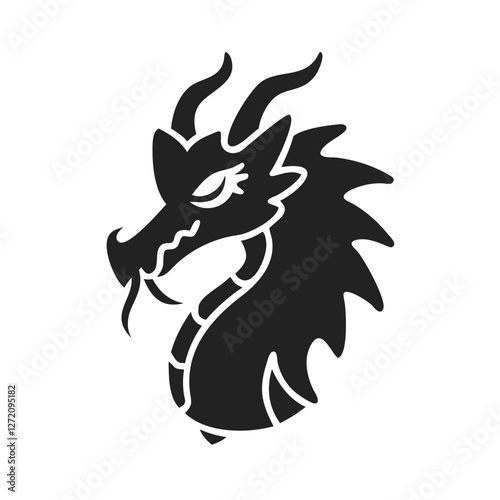 Vector art of stylized dragon head silhouette isolated on white background, a mythical creature often associated with power and magic in fantasy tales