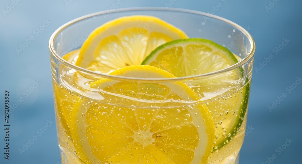 Refreshing Lemon Lime Sparkling Water - Close-up of a glass filled with sparkling water, lemon, and lime slices. Perfect for summer thirst quencher Refreshing Lemon Lime Sparkling Water - Close-up of a glass filled with sparkling water, lemon, and lime slices. Perfect for summer thirst quencher