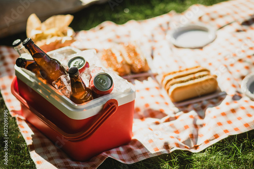 Picnic with hot dogs and cold drinks in cooler bag on red tablecloth in a park.