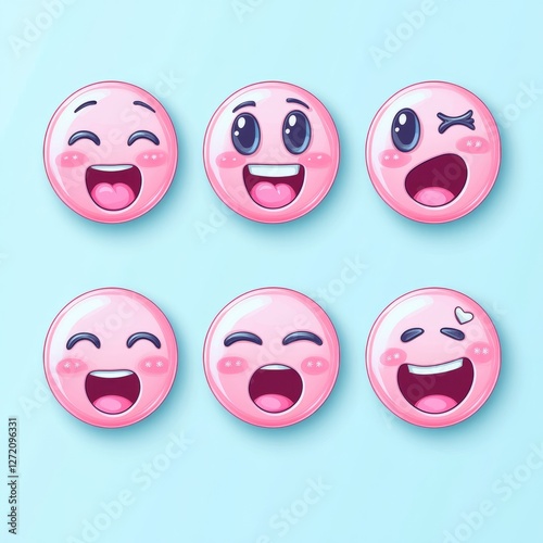 Pink Emoji Faces, Flat Design, Digital Art, Cheerful Expressions photo