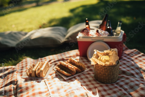 Picnic with hot dogs and cold drinks in cooler bag on red tablecloth in a park.