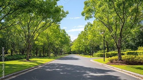 Sunlit Path Through Lush Green Trees in a Park