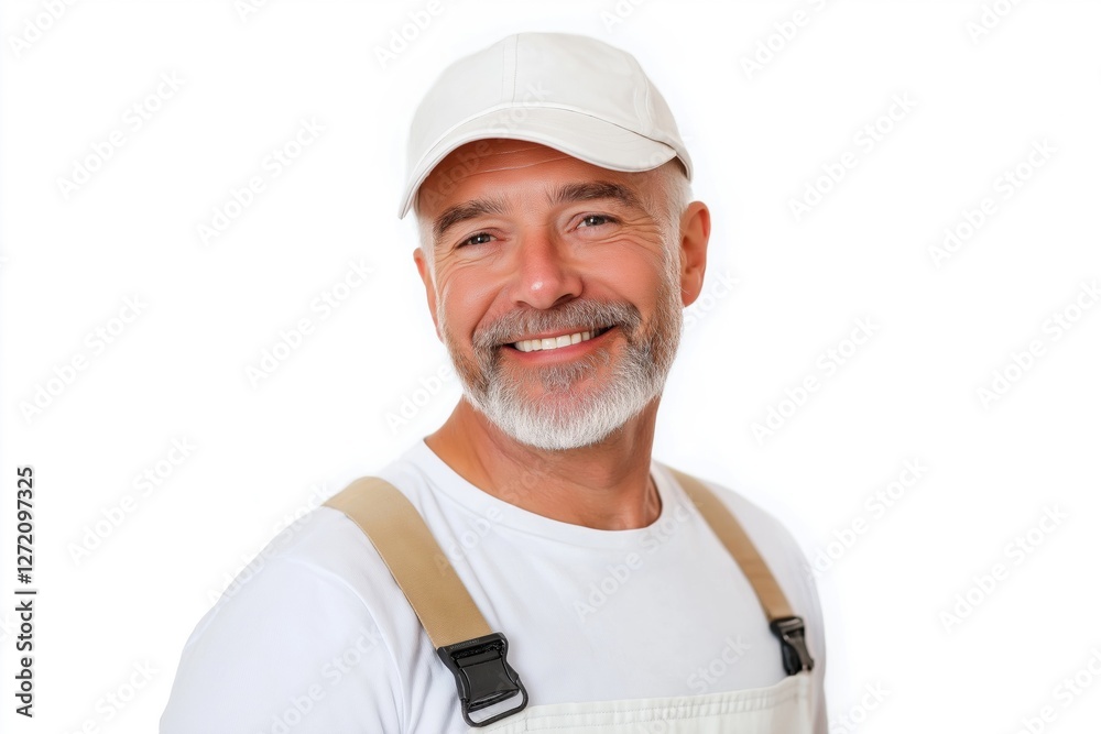 A man with a white hat and a white shirt is smiling. He is wearing a white apron and has a beard