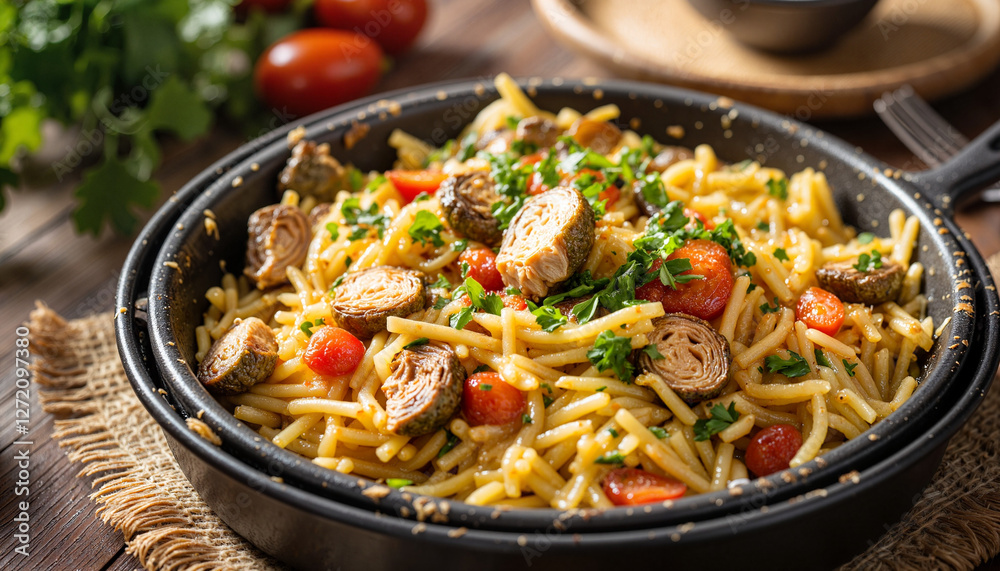 Delicious pasta dish with vegetables in rustic bowl Delicious pasta dish with vegetables in rustic bowl