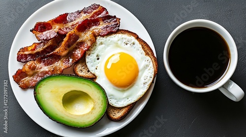 Delicious Breakfast with Bacon, Fried Egg, Avocado, and Coffee on Dark Background