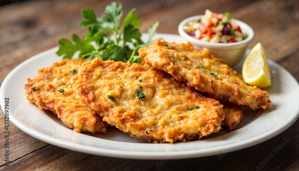 Golden fried fish fillets with fresh salad and lemon wedge Golden fried fish fillets with fresh salad and lemon wedge
