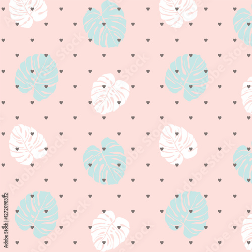 Seamless pattern with tropical leaves and heart on pink background vector