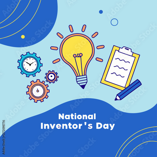 National Inventor’s Day Illustration Featuring Lightbulbs, Gears, and a Notepad, Highlighting Creativity, Scientific Discovery, and Problem-Solving in a Digital World