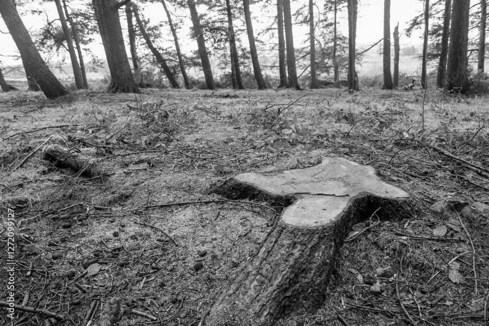Obraz premium A tree stump is in the middle of a forest. The stump is in the middle of the forest, and it is surrounded by trees. The stump is a reminder of the tree that once stood there