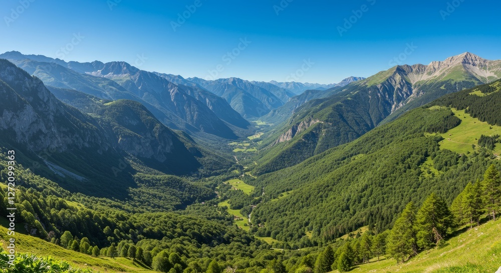 Naklejka premium Serene Mountain Valley Landscape - Tranquil valley, majestic peaks, lush greenery, clear blue sky, serene nature. Symbolizing peace, adventure, freedom, renewal, and escape