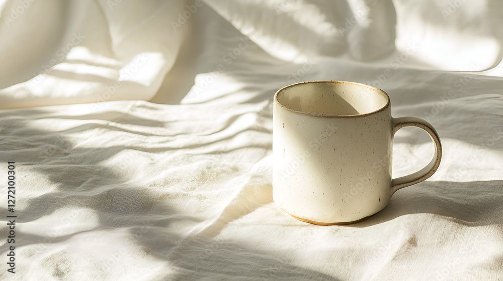 Ceramic mug on wrinkled white cloth, bathed in sunbeams creating shadows, peaceful and calming scene Ceramic mug on wrinkled white cloth, bathed in sunbeams creating shadows, peaceful and calming scene